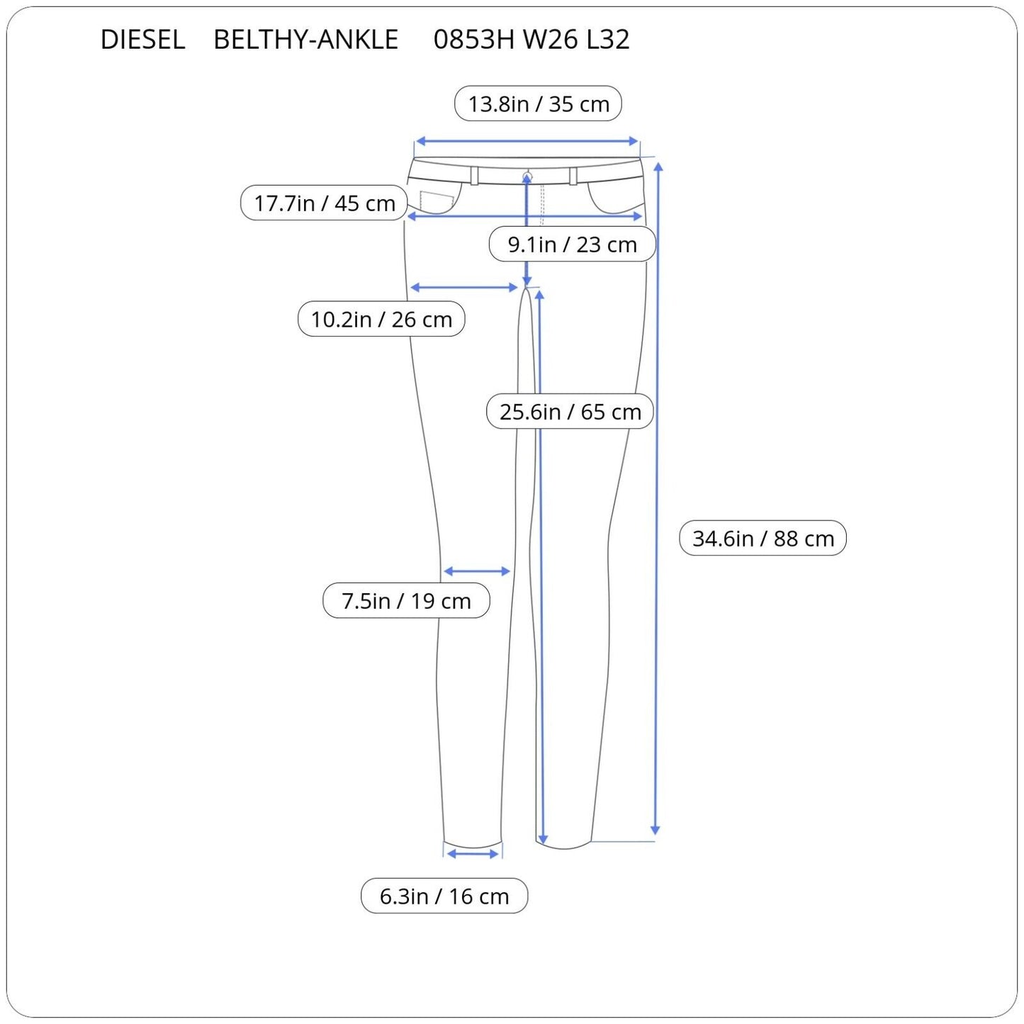 Diesel BELTHY-ANKLE 00SUKI 0853H moteriški džinsai SLIM-STRAIGHT žemu juosmeniu